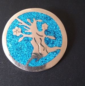 Inlayed Alpaca Silver and Turquoise "Tree Of Life" Pendant/Brooch